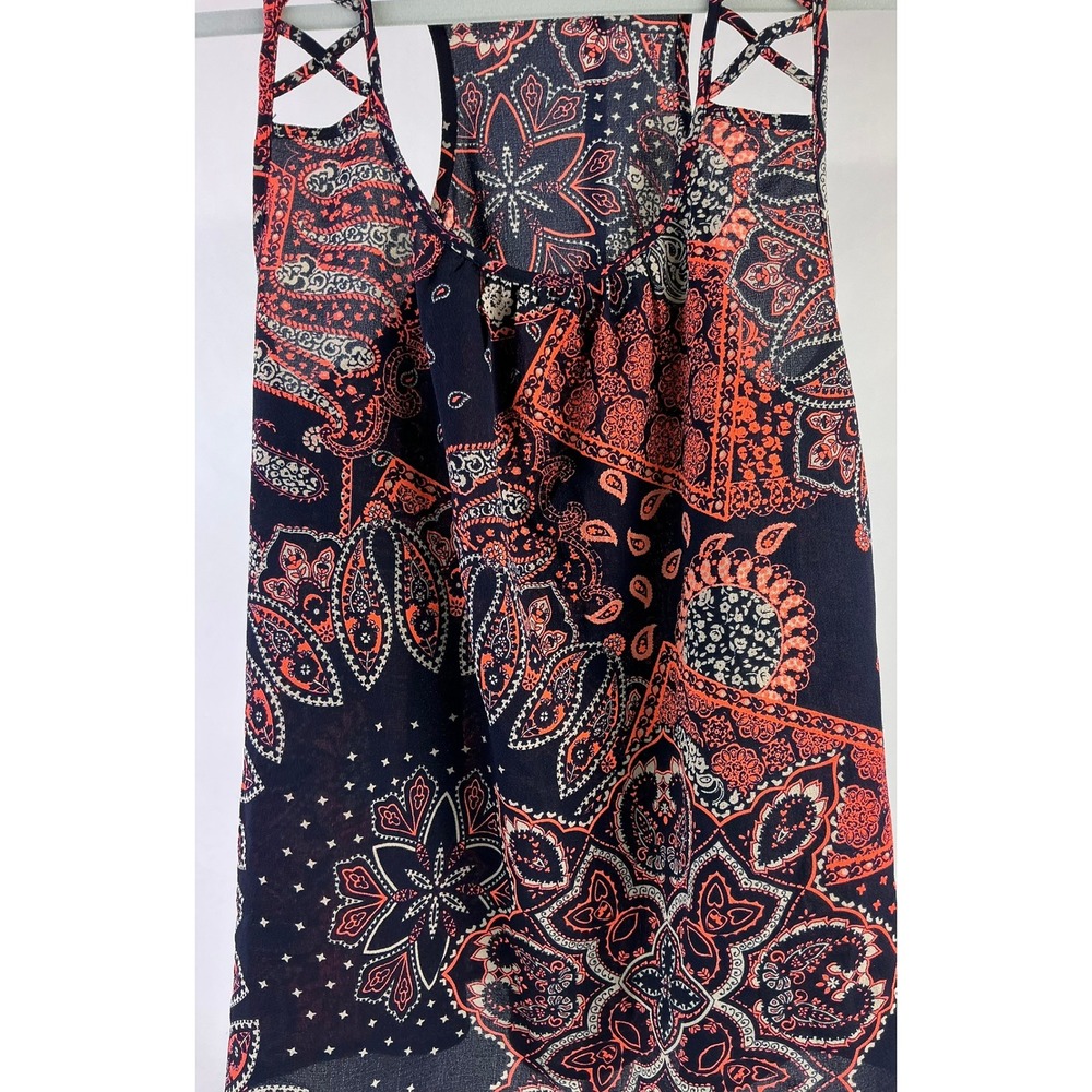 Papaya Navy Orange Paisley Lattice Strap Racerback Tank Top Womens M